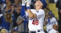 Los Angeles Dodgers infielder Gavin Lux celebrates after hitting a home run in Game 1 of the 2019 NLDS
