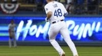 Los Angeles Dodgers infielder Gavin Lux rounds the bases after hitting a home run in Game 1 of the 2019 NLDS