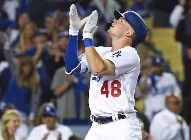 Los Angeles Dodgers infielder Gavin Lux celebrates after hitting a home run in Game 1 of the 2019 NLDS