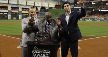 Milwaukee Brewers All-Star Christian Yelich is presented the 2019 Hank Aaron Award