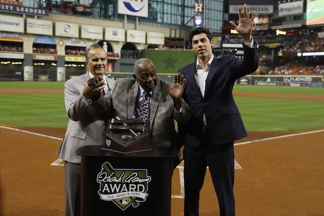 Milwaukee Brewers All-Star Christian Yelich is presented the 2019 Hank Aaron Award