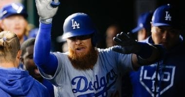 Los Angeles Dodgers third baseman Justin Turner is congratulated after hitting a home run in Game 4 of the 2019 NLDS