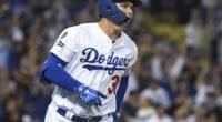 Los Angeles Dodgers outfielder Joc Pederson hits a home run in Game 1 of the 2019 NLDS