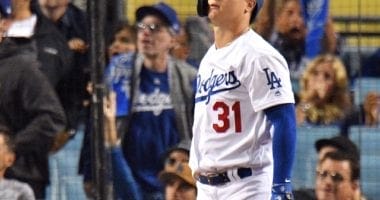 Los Angeles Dodgers outfielder Joc Pederson watches his home run in Game 1 of the 2019 NLDS