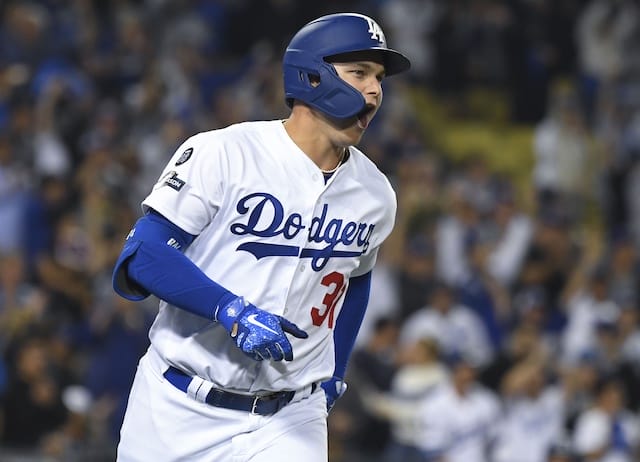 Los Angeles Dodgers outfielder Joc Pederson hits a home run in Game 1 of the 2019 NLDS