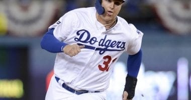Los Angeles Dodgers outfielder Joc Pederson runs the bases during Game 1 of the 2019 NLDS