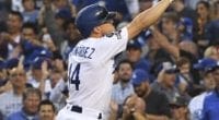 Los Angeles Dodgers utility player Kiké Hernandez celebrates after a home run during Game 5 of the 2019 NLDS