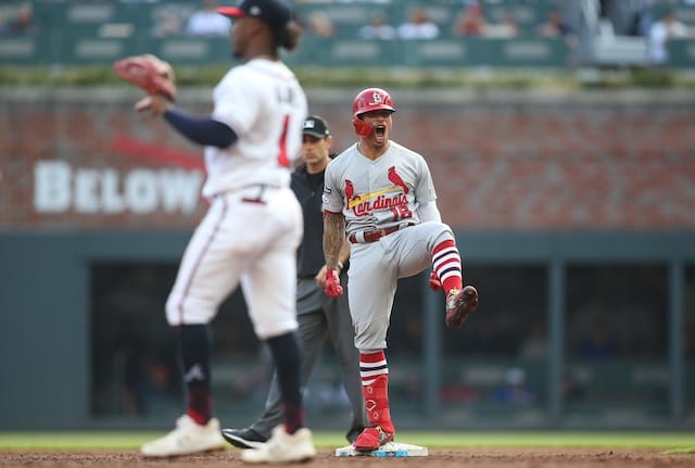 St. Louis Cardinals second baseman Kolten Wong celebrates after hitting a two-run double against the Atlanta Braves