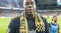 Los Angeles Dodgers part-owner Magic Johnson attends an LAFC playoff game against the L.A. Galaxy