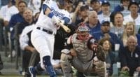 Los Angeles Dodgers utility player Matt Beaty hits a single during Game 5 of the 2019 NLDS