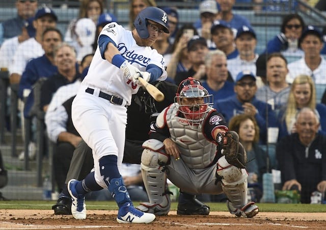 Los Angeles Dodgers utility player Matt Beaty hits a single during Game 5 of the 2019 NLDS