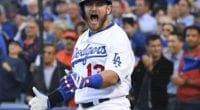 Los Angeles Dodgers infielder Max Muncy celebrates after a home run during Game 5 of the 2019 NLDS