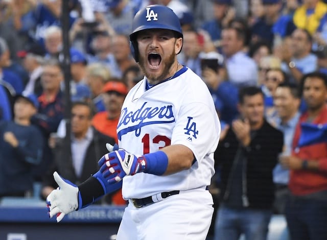 Los Angeles Dodgers infielder Max Muncy celebrates after a home run during Game 5 of the 2019 NLDS
