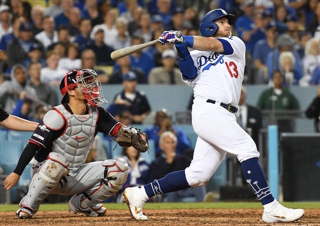 Los Angeles Dodgers infielder Max Muncy hits a home run during Game 2 of the 2019 NLDS
