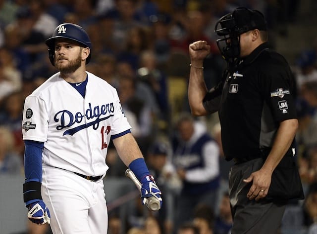 Los Angeles Dodgers infielder Max Muncy reacts after striking out during Game 2 of the 2019 NLDS