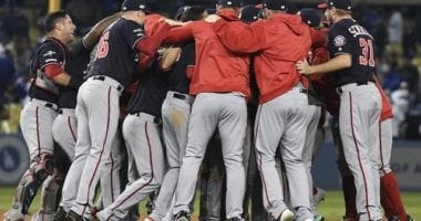 Max Scherzer and the Washington Nationals celebrate after eliminating the Los Angeles Dodgers in Game 5 of the 2019 NLDS