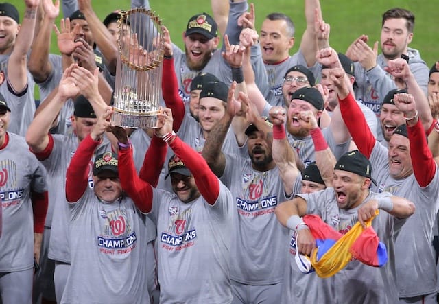 Washington Nationals celebrate after defeating the Houston Astros in Game 7 of the 2019 World Series
