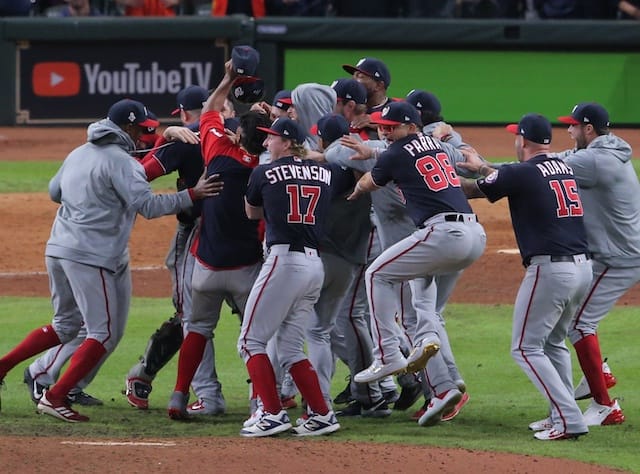 Washington Nationals celebrate after defeating the Houston Astros in Game 7 of the 2019 World Series