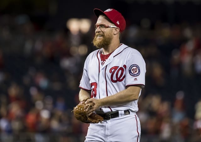 Washington Nationals relief pitcher Sean Doolittle reacts during a game