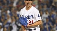 Los Angeles Dodgers starting pitcher Walker Buehler reacts during Game 5 of the 2019 NLDS