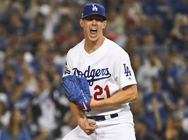 Los Angeles Dodgers starting pitcher Walker Buehler reacts during Game 5 of the 2019 NLDS