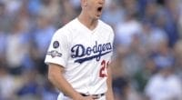 Los Angeles Dodgers starting pitcher Walker Buehler reacts during Game 1 of the 2019 NLDS