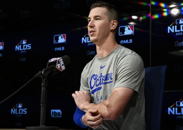 Los Angeles Dodgers pitcher Walker Buehler during an interview before Game 1 of the 2019 NLDS