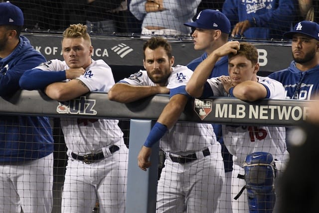 Yimi Garcia, Gavin Lux, Casey Sadler, Chris Taylor and Will Smith look on after the Los Angeles Dodgers lose Game 5 of the 2019 NLDS