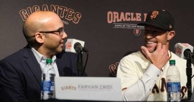 San Francisco Giants president of baseball operations Farhan Zaidi introduces new manager Gabe Kapler