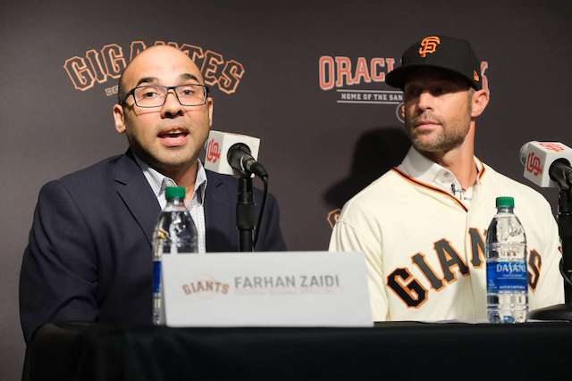 San Francisco Giants president of baseball operations Farhan Zaidi introduces new manager Gabe Kapler