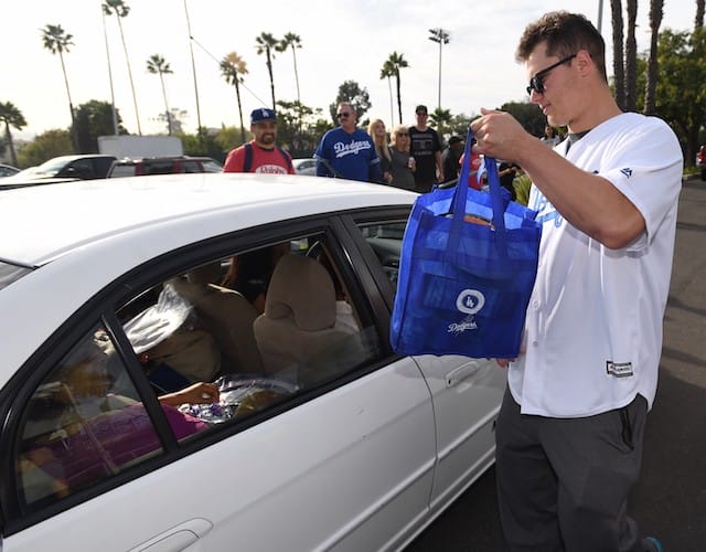 Los Angeles Dodgers outfielder Joc Pederson at the annual Thanksgiving giveaway