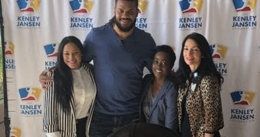 Los Angeles Dodgers relief pitcher Kenley Jansen with Los Angeles Dodgers Foundation CEO Nichol Whiteman during an appearance at UCLA Mattel Children’s Hospital on behalf of the Kenley Jansen Foundation