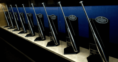 General view of Sliver Slugger Award trophies at Dodger Stadium
