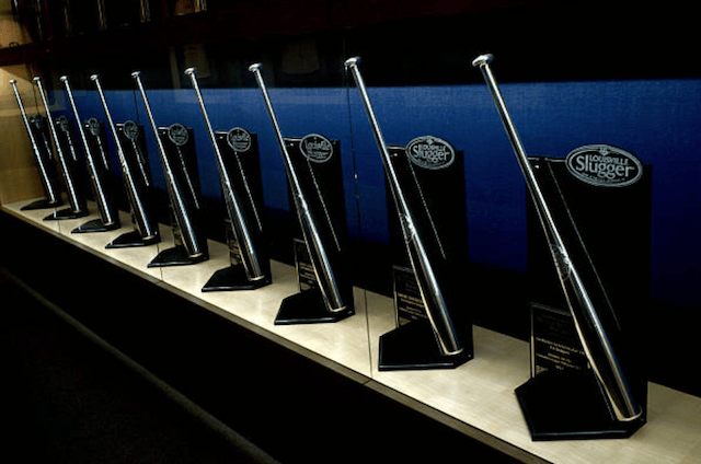 General view of Sliver Slugger Award trophies at Dodger Stadium