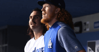 Los Angeles Dodgers pitcher Tony Gonsolin and Dustin May in the dugout at Dodger Stadium