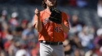 Houston Astros starting pitcher Gerrit Cole reacts during a game against the Los Angeles Angels