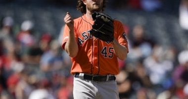 Houston Astros starting pitcher Gerrit Cole reacts during a game against the Los Angeles Angels