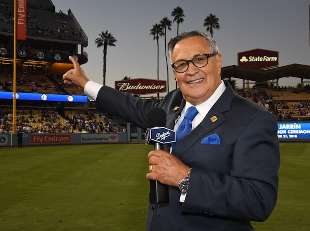 Los Angeles Dodgers Spanish-language broadcaster Jaime Jarrín during his Dodger Stadium Ring of Honor induction ceremony