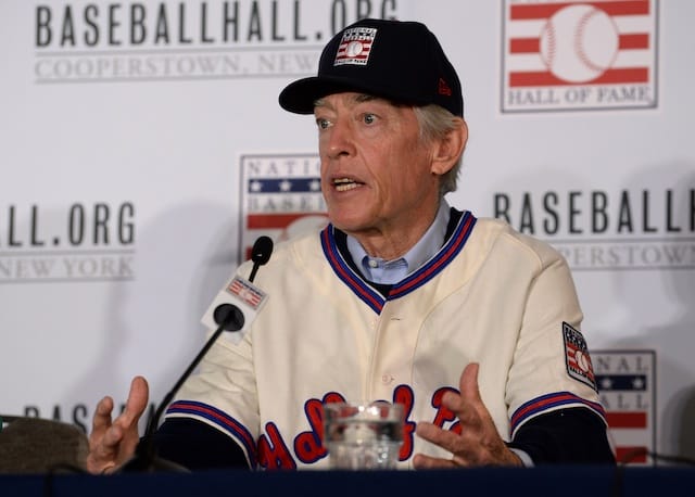 Hall of Fame member Ted Simmons speaks during the 2019 Winter Meetings