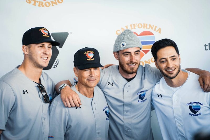 Cody Bellinger, Ryan Braun, Jared Goff, Rob Lowe on the red carpet at the 2020 California Strong Celebrity Softball Game