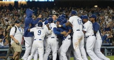 Los Angeles Dodgers celebrate after Clayton Kershaw throws a no-hitter against the Colorado Rockies