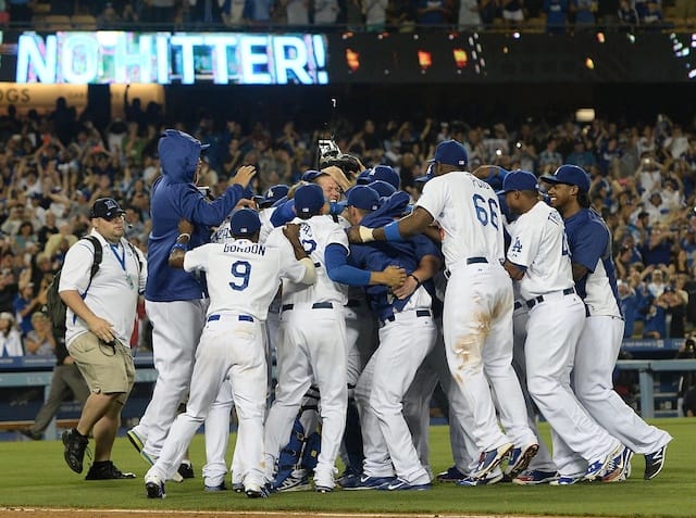 Los Angeles Dodgers celebrate after Clayton Kershaw throws a no-hitter against the Colorado Rockies