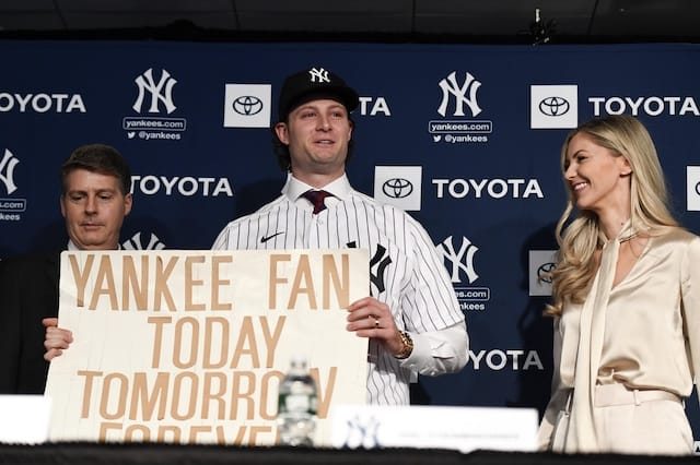 Gerrit Cole and wife Amy at an introductory press conference with the New York Yankees