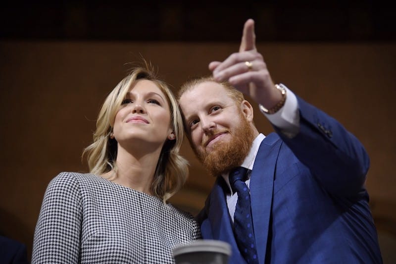 Kourtney and Justin Turner at Los Angeles City Hall on Justin Turner Day during the Dodgers Love L.A. Community Tour