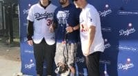 Matt Beaty and Joc Pederson with a fan at Pet Family Photo Day during the 2020 Dodgers Love L.A. Community Tour