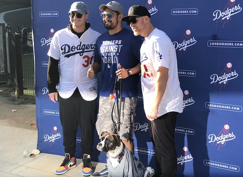 Matt Beaty and Joc Pederson with a fan at Pet Family Photo Day during the 2020 Dodgers Love L.A. Community Tour