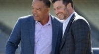Andrew Friedman and Dave Roberts during the Los Angeles Dodgers introductory press conference at Dodger Stadium