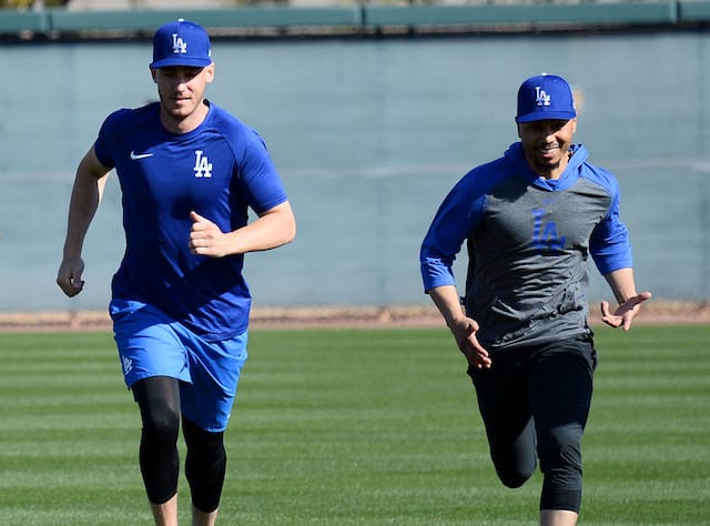 Los Angeles Dodgers teammates Cody Bellinger and Mookie Betts during a 2020 Spring Training workout at Camelback Ranch
