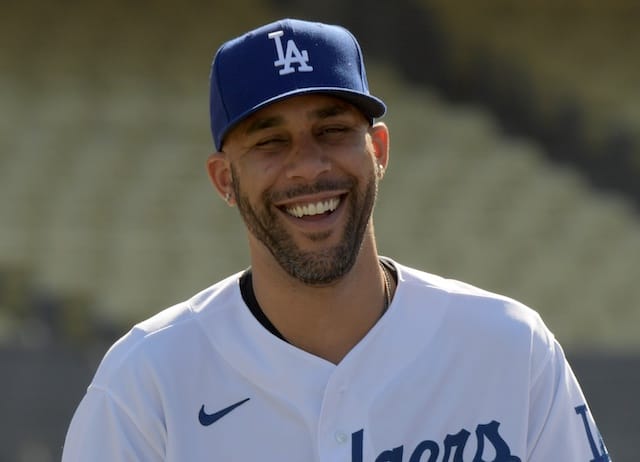 Los Angeles Dodgers pitcher David Price during an introductory press conference at Dodger Stadium