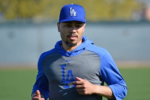 Los Angeles Dodgers outfielder Mookie Betts during an unofficial Spring Training workout at Camelback Ranch